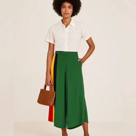 Farm Rio Boho Reggae Festival Striped Green Pink Asymmetrical Cropped Pants G/L - Picture 10 of 13